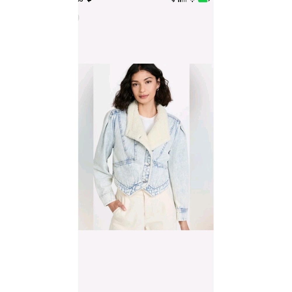 Veronica Beard Acid Wash Denim Jacket Sherpa Lined Large Light Wash Asym Button